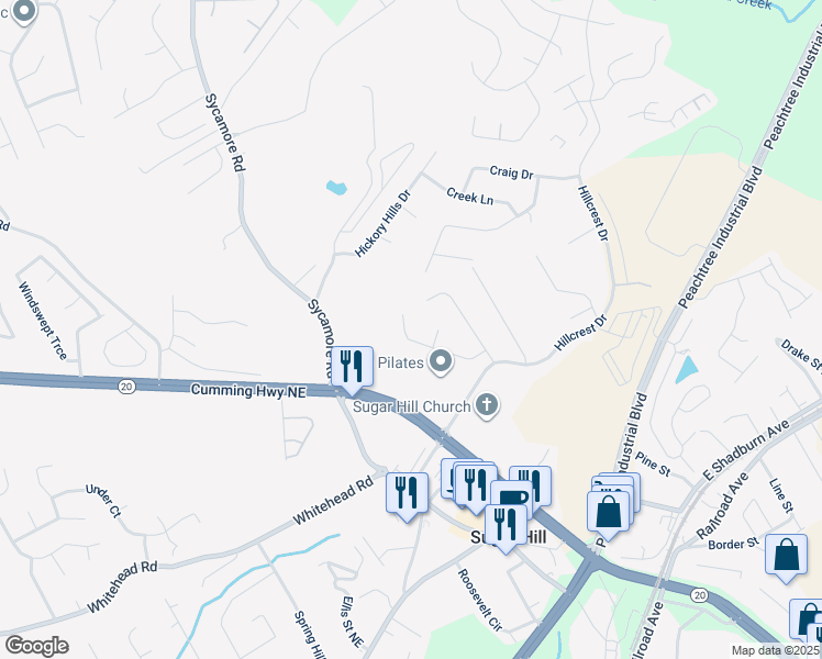 map of restaurants, bars, coffee shops, grocery stores, and more near 1140 Hillcrest Glenn Circle in Sugar Hill