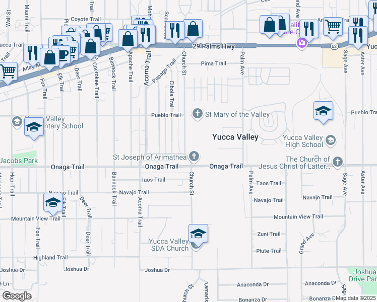 map of restaurants, bars, coffee shops, grocery stores, and more near 7645 Church Street in Yucca Valley