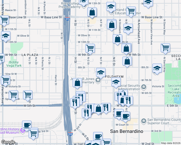 map of restaurants, bars, coffee shops, grocery stores, and more near 755 South G Street in San Bernardino