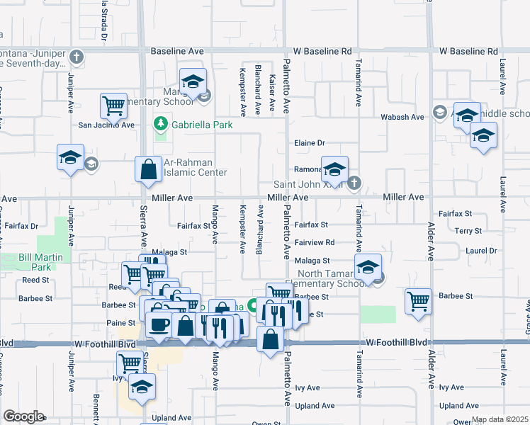 map of restaurants, bars, coffee shops, grocery stores, and more near 7750 Blanchard Avenue in Fontana