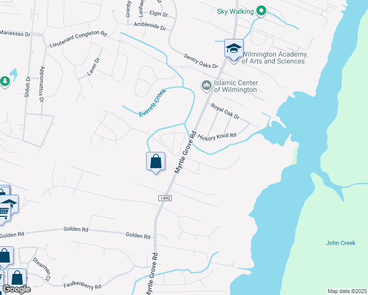 map of restaurants, bars, coffee shops, grocery stores, and more near 6629 Myrtle Grove Road in Wilmington