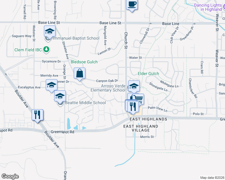 map of restaurants, bars, coffee shops, grocery stores, and more near 7727 Jack Rabbit Lane in Highland
