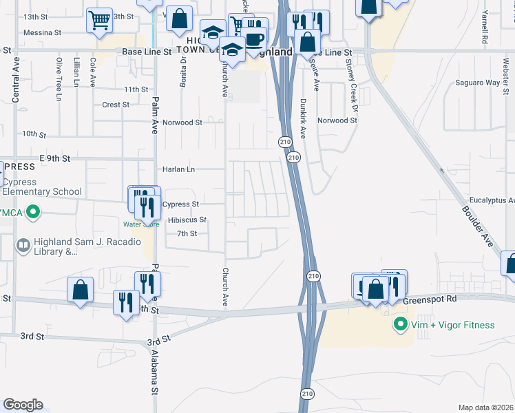map of restaurants, bars, coffee shops, grocery stores, and more near 27584 7th Street in Highland
