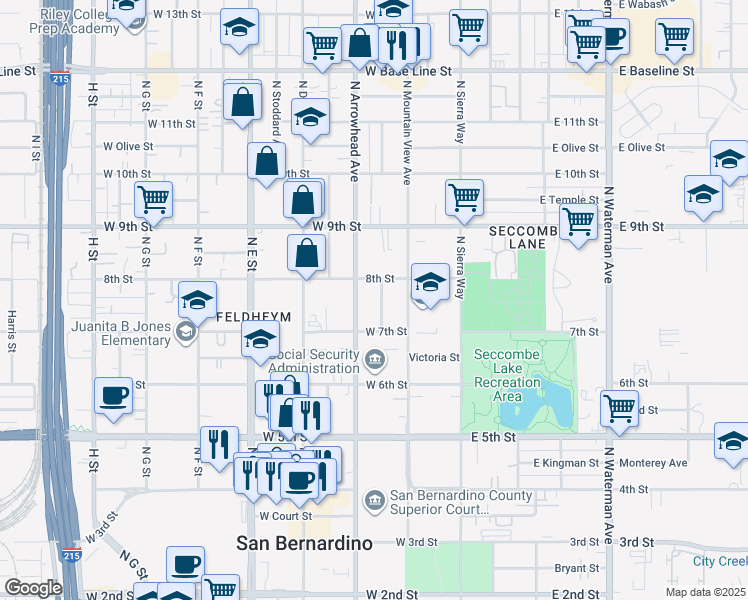 map of restaurants, bars, coffee shops, grocery stores, and more near 743 North Arrowhead Avenue in San Bernardino