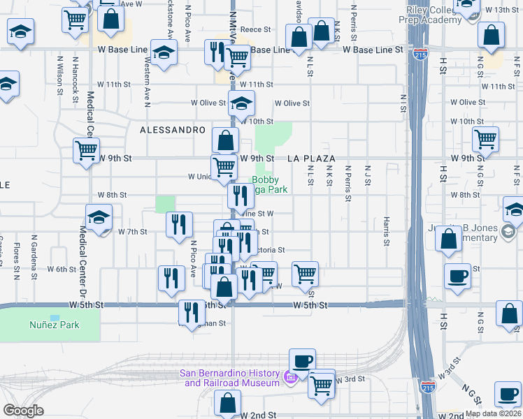 map of restaurants, bars, coffee shops, grocery stores, and more near 1232 Vine Street West in San Bernardino