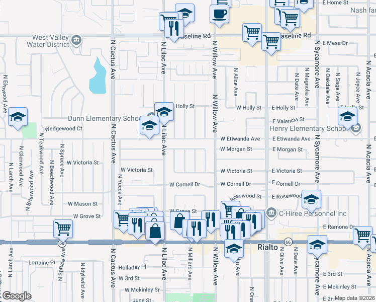 map of restaurants, bars, coffee shops, grocery stores, and more near in Rialto