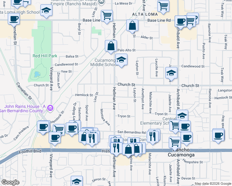 map of restaurants, bars, coffee shops, grocery stores, and more near 9332 Hemlock Street in Rancho Cucamonga