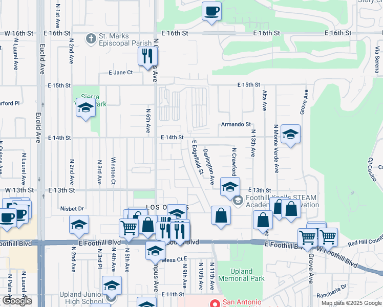map of restaurants, bars, coffee shops, grocery stores, and more near 1369 East Edgefield Street in Upland