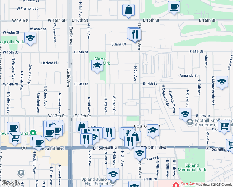 map of restaurants, bars, coffee shops, grocery stores, and more near 1368 Winston Court in Upland