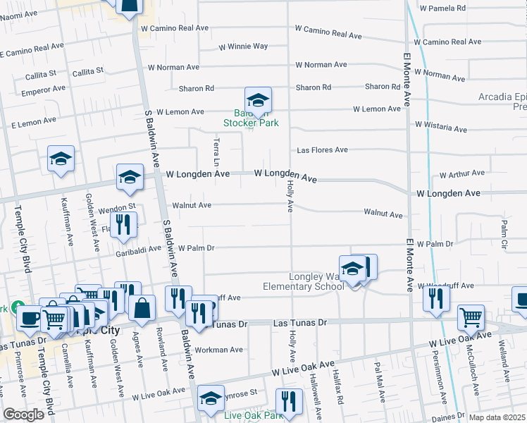map of restaurants, bars, coffee shops, grocery stores, and more near 427 Rosemarie Drive in Arcadia