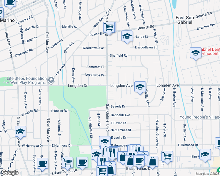 map of restaurants, bars, coffee shops, grocery stores, and more near 6259 Charonoak Place in San Gabriel