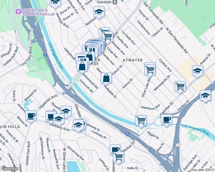 map of restaurants, bars, coffee shops, grocery stores, and more near 3343 Hollydale Drive in Los Angeles