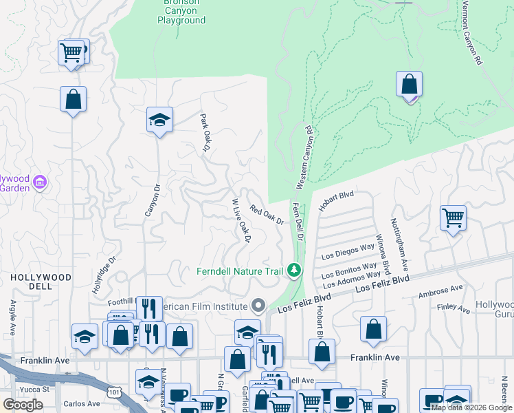 map of restaurants, bars, coffee shops, grocery stores, and more near 5509 Red Oak Drive in Los Angeles