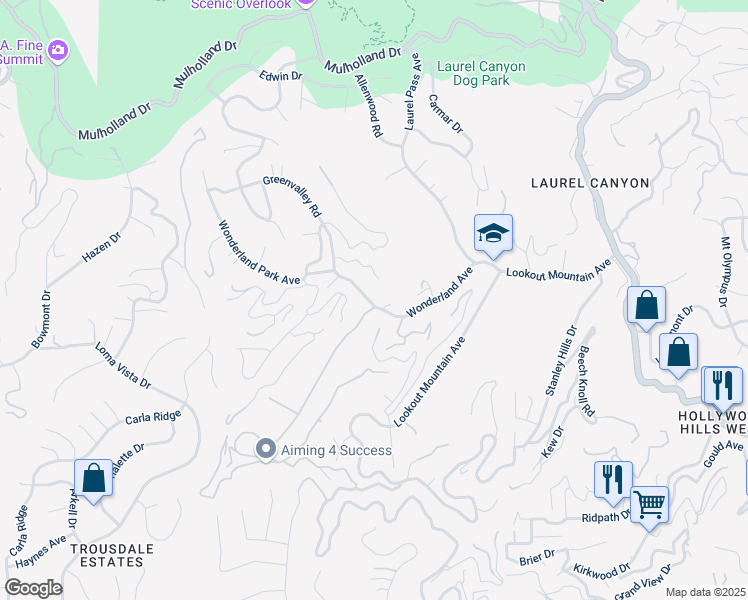 map of restaurants, bars, coffee shops, grocery stores, and more near 8705 Wonderland Avenue in Los Angeles