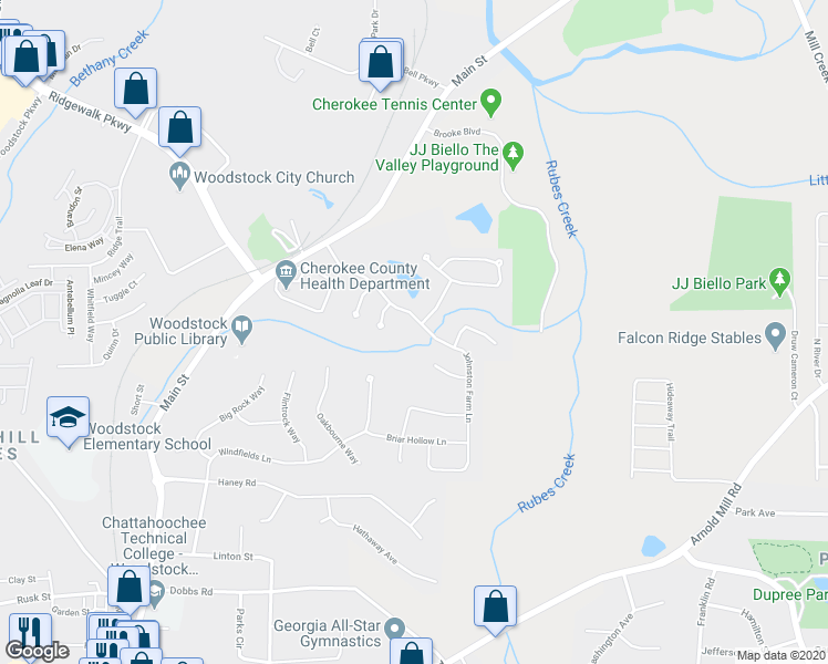 map of restaurants, bars, coffee shops, grocery stores, and more near 134 Johnston Farm Lane in Woodstock