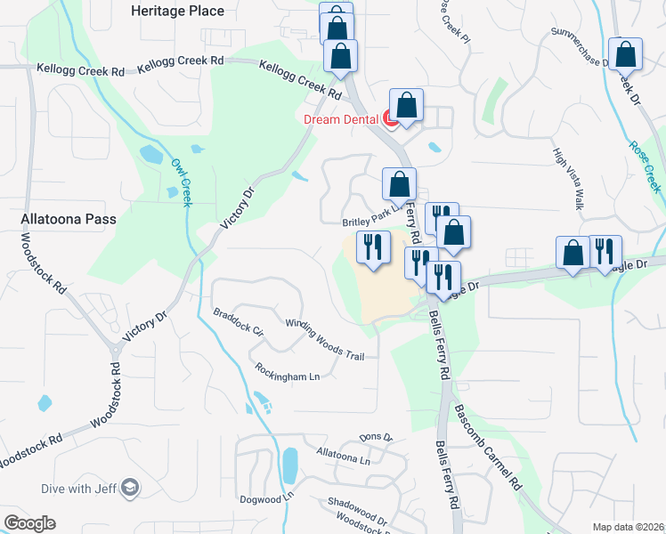 map of restaurants, bars, coffee shops, grocery stores, and more near 1641 Eagle Drive in Woodstock