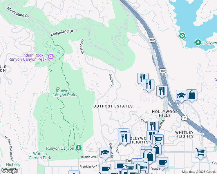 map of restaurants, bars, coffee shops, grocery stores, and more near 2331 Outpost Drive in Los Angeles