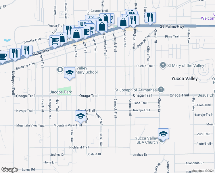map of restaurants, bars, coffee shops, grocery stores, and more near 7637 Cherokee Trail in Yucca Valley