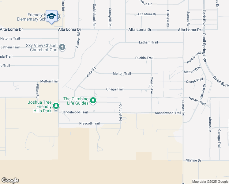 map of restaurants, bars, coffee shops, grocery stores, and more near 61261 Onaga Trail in Joshua Tree