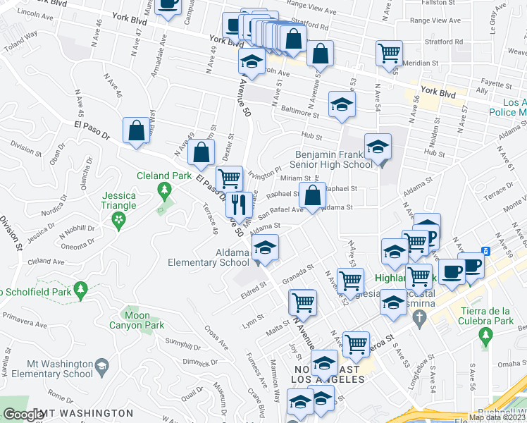 map of restaurants, bars, coffee shops, grocery stores, and more near 5049 San Rafael Avenue in Los Angeles
