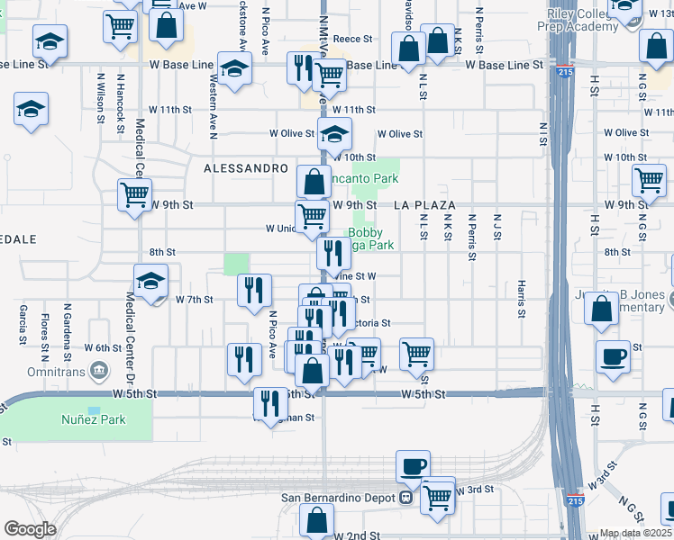 map of restaurants, bars, coffee shops, grocery stores, and more near 739 North Mount Vernon Avenue in San Bernardino