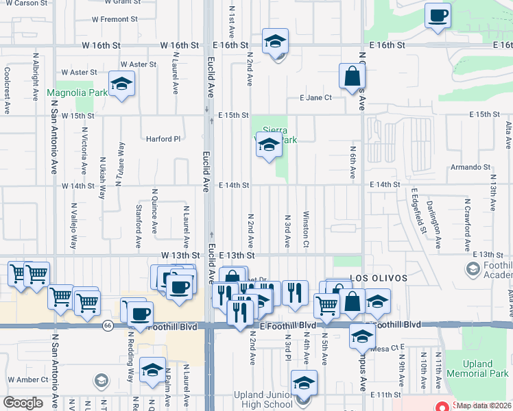 map of restaurants, bars, coffee shops, grocery stores, and more near 1366 North 2nd Avenue in Upland
