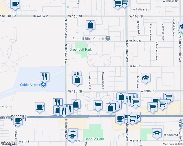 map of restaurants, bars, coffee shops, grocery stores, and more near 1368 Wilson Avenue in Upland