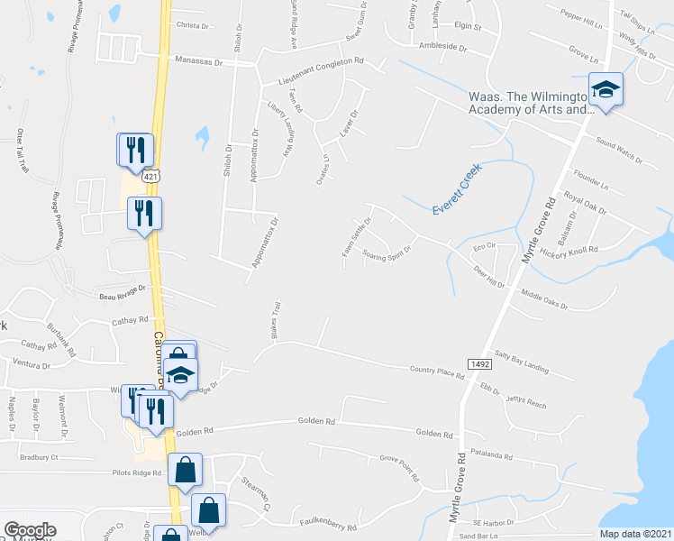 map of restaurants, bars, coffee shops, grocery stores, and more near 6528 Fawn Settle Drive in Wilmington