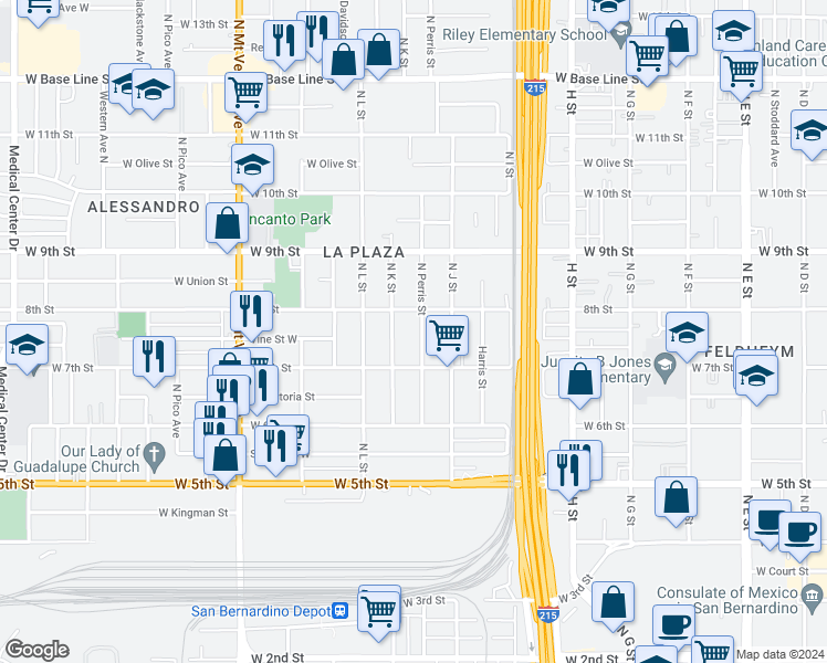 map of restaurants, bars, coffee shops, grocery stores, and more near 764 North Perris Street in San Bernardino
