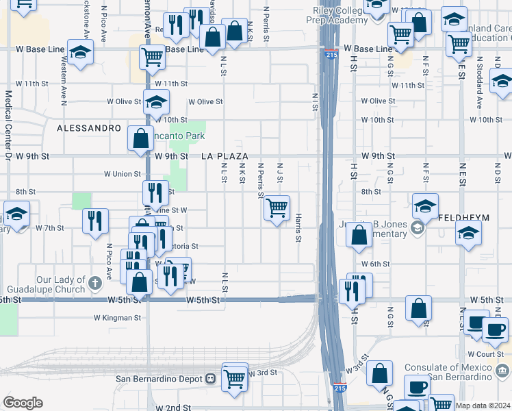 map of restaurants, bars, coffee shops, grocery stores, and more near 764 North Perris Street in San Bernardino