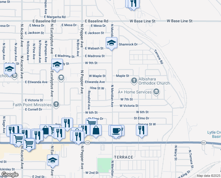 map of restaurants, bars, coffee shops, grocery stores, and more near 764 North Meridian Avenue in Rialto