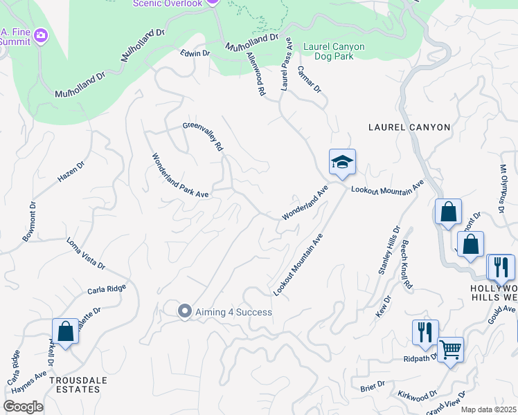 map of restaurants, bars, coffee shops, grocery stores, and more near 8705 Wonderland Avenue in Los Angeles