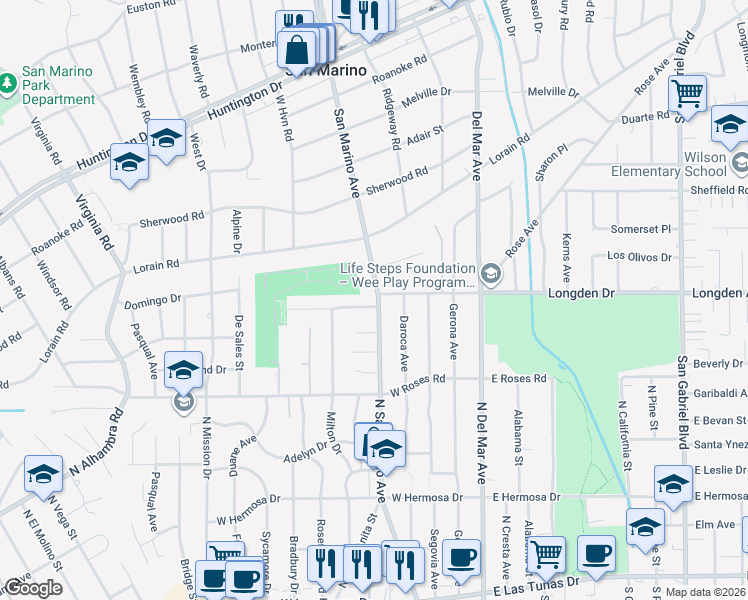 map of restaurants, bars, coffee shops, grocery stores, and more near 401 Coolidge Drive in San Gabriel