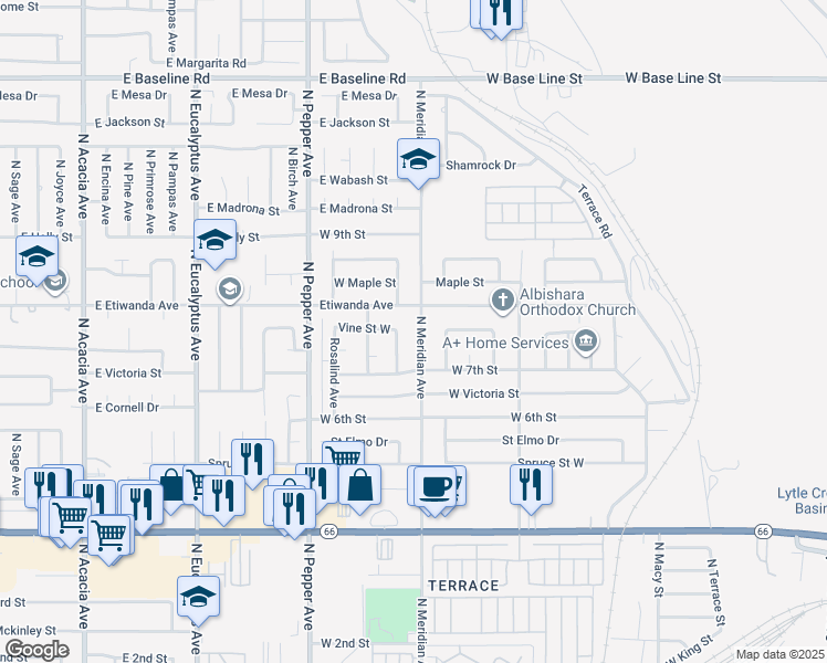 map of restaurants, bars, coffee shops, grocery stores, and more near 764 North Meridian Avenue in Rialto