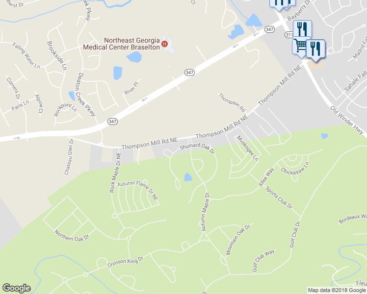map of restaurants, bars, coffee shops, grocery stores, and more near 2895 Shumard Oak Drive in Braselton