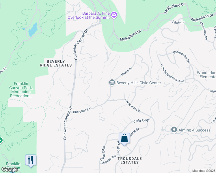 map of restaurants, bars, coffee shops, grocery stores, and more near 2265 Bowmont Drive in Beverly Hills