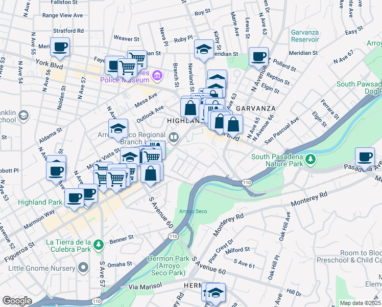map of restaurants, bars, coffee shops, grocery stores, and more near 6221 Arroyo Glen Street in Los Angeles