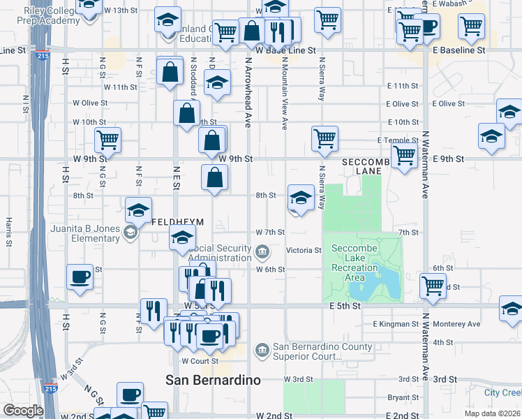map of restaurants, bars, coffee shops, grocery stores, and more near 743 North Arrowhead Avenue in San Bernardino