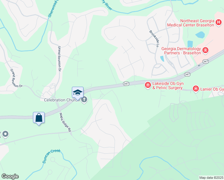 map of restaurants, bars, coffee shops, grocery stores, and more near Thompson Mill Road in Hoschton