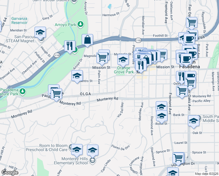 map of restaurants, bars, coffee shops, grocery stores, and more near 1030 Adelaine Avenue in South Pasadena