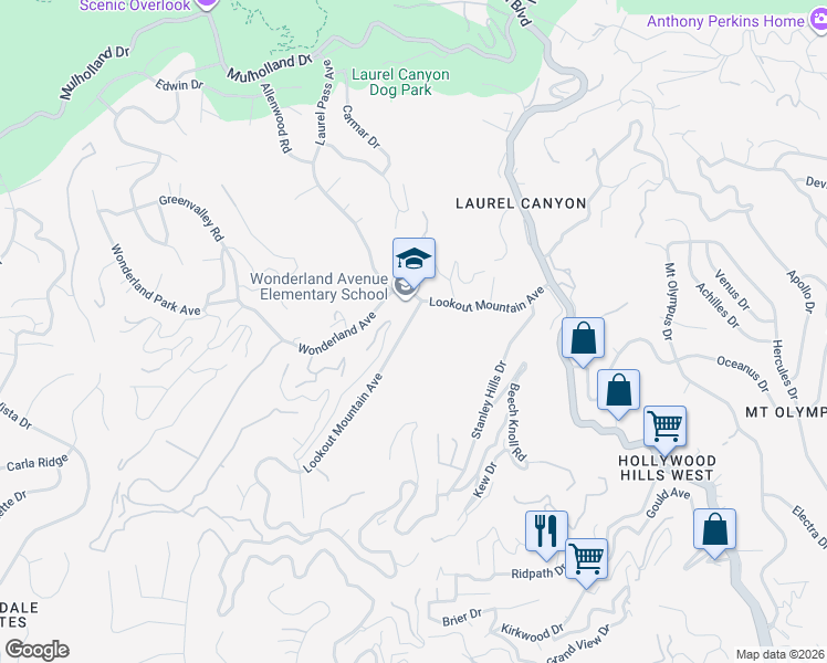 map of restaurants, bars, coffee shops, grocery stores, and more near 8534 Lookout Mountain Avenue in Los Angeles