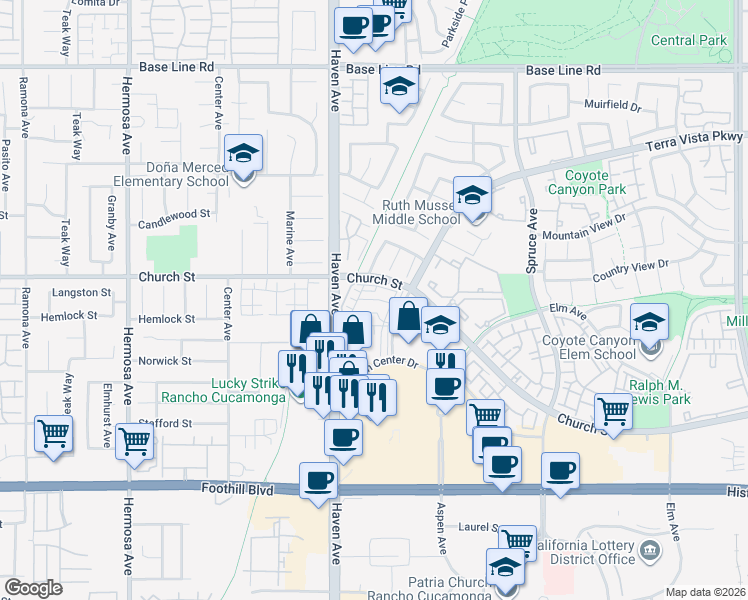 map of restaurants, bars, coffee shops, grocery stores, and more near Wells Drive in Rancho Cucamonga