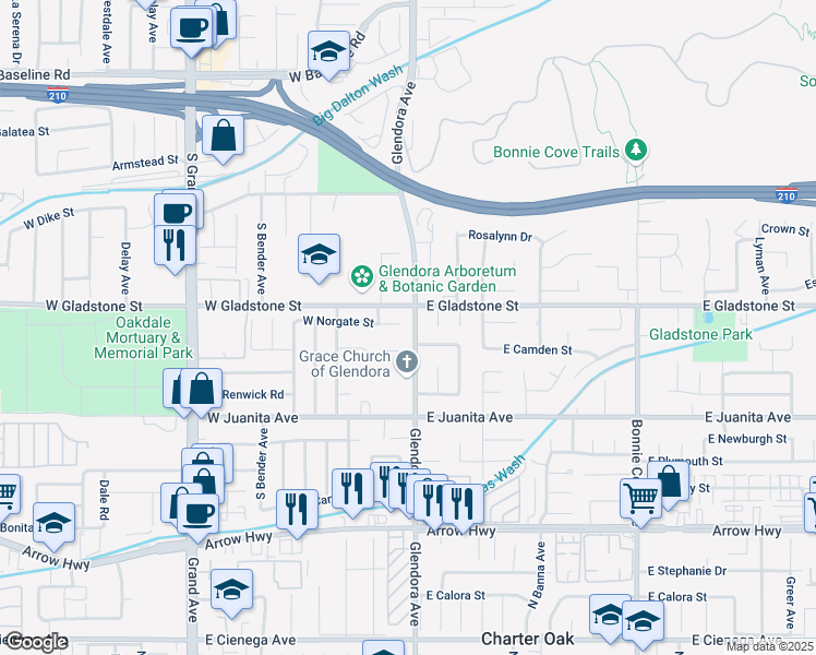 map of restaurants, bars, coffee shops, grocery stores, and more near 114 West Norgate Street in Glendora