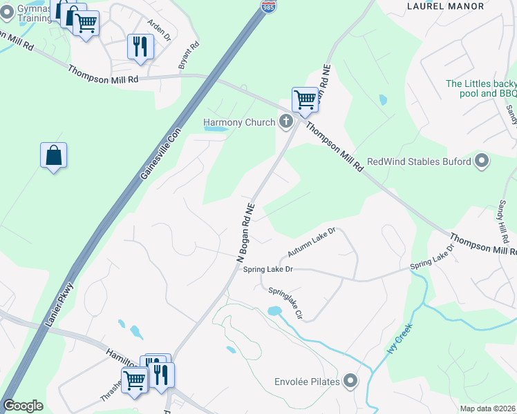 map of restaurants, bars, coffee shops, grocery stores, and more near 2871 North Bogan Road Northeast in Buford