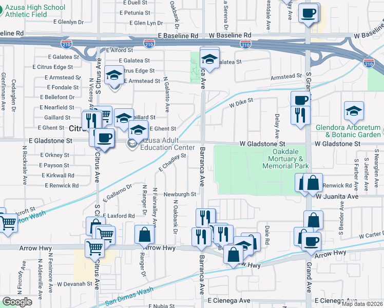 map of restaurants, bars, coffee shops, grocery stores, and more near 5532 North Traymore Avenue in Covina
