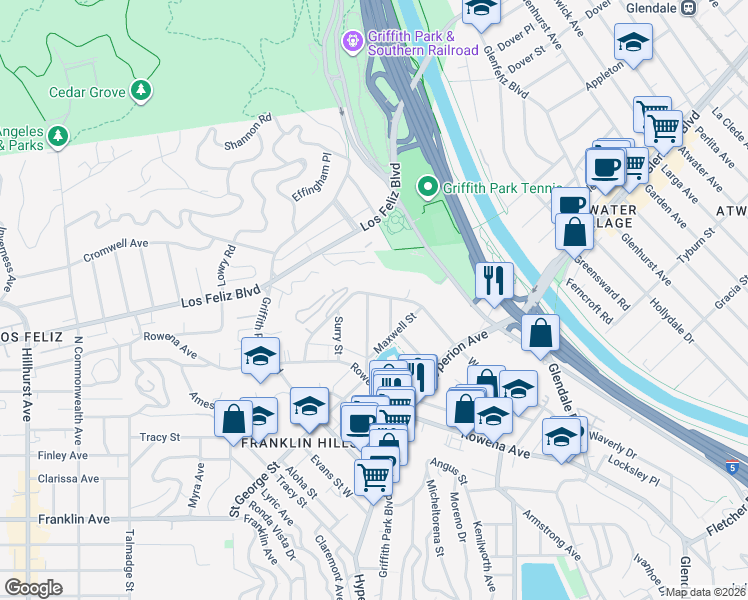 map of restaurants, bars, coffee shops, grocery stores, and more near 3234 Ettrick Street in Los Angeles