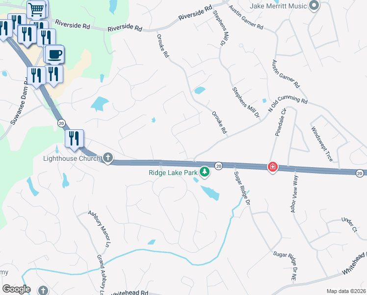 map of restaurants, bars, coffee shops, grocery stores, and more near 5757 Avonley Creek Drive Northwest in Sugar Hill