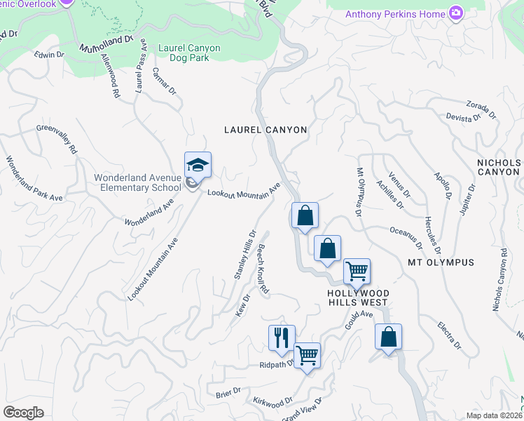 map of restaurants, bars, coffee shops, grocery stores, and more near 2335 Stanley Hills Drive in Los Angeles