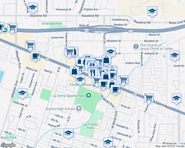 map of restaurants, bars, coffee shops, grocery stores, and more near 2175 Foothill Boulevard in La Verne