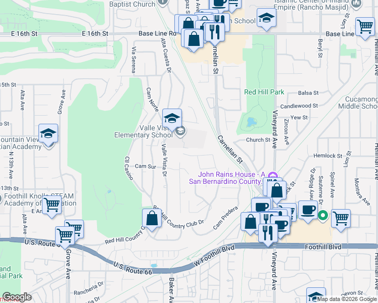 map of restaurants, bars, coffee shops, grocery stores, and more near 8580 Vía Huerte in Rancho Cucamonga